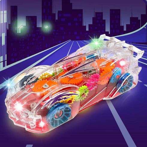 Light Up Transparent Gear Racer Toy Car - Bump and Go with Colorful Gears, Music & LED Effects for Kids 3+