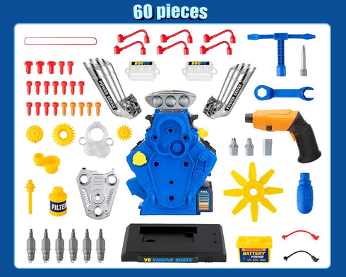 POFJOEQ V6 Kit60-Piece Playset 3-5 STEM New Engine Model Building Take Apart Toy with Realistic Lights & Sounds, Tools