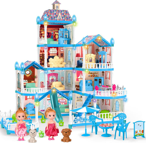 Seifar Doll House for Girls,10 Rooms Blue House Toy with Doll Figures, Puppies,