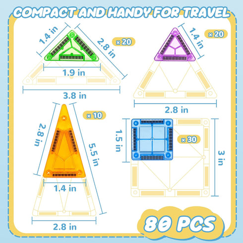 80 3 4 5 6 7 8 cossy Mini Magnetic Tiles, PCS Magnet Tiles Travel Toys with Iron Box, Travel Magnetic Tiles