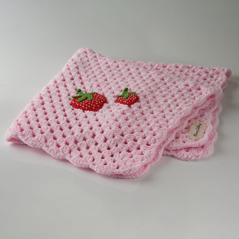 Handmade Baby Blanket with Crochet Strawberry Design Warm, Soft and Playful Gift for Babies, Perfect for Crib