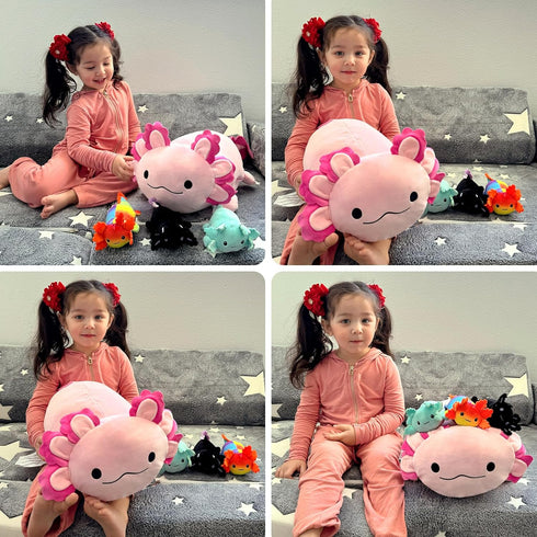 Big Axolotl Plush 24 Inch, Long Stuffed Animal with 3 Baby Axolotl Plushies, 4Pcs Pillow Gifts for Kids