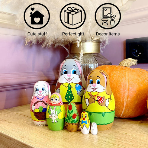 AEVVV Easter Nesting Dolls Set - 7 pcs Russian Dolls Easter Bunny Decorations