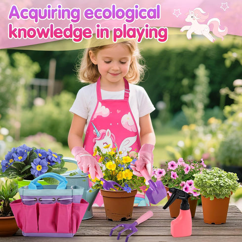 Set 3 4 5 6 7 8+ Kids Gardening Tool - Garden Tools for Kids with Shovel Trowel Rake Apron Gloves Watering Can and Tote