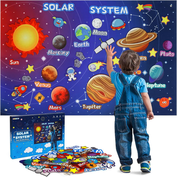 OKOOKO 41PCS Outer Space Felt Board Story Set - 43x29inch Solar System Universe Storytelling with Hooks, Astronaut