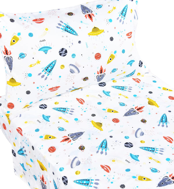 J-pinno Planet Spacecraft Rocket 100% Cotton 3 Pieces Cartoon Toddler Sheet Set for