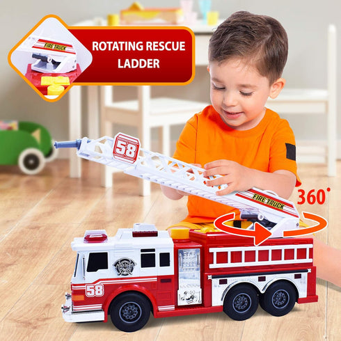 VEBO Fire Truck Motorized with Lights, Siren Sound, Working Water Pump, Rotating Rescue Ladder, Electric Fun Size 15"