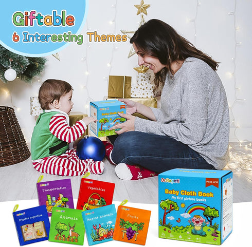 Dr.Rapeti 6-Pack Soft Cloth Baby Bath Books, Crinkle Squeaky Washable Chewable Non-Toxic Early Educational Gift