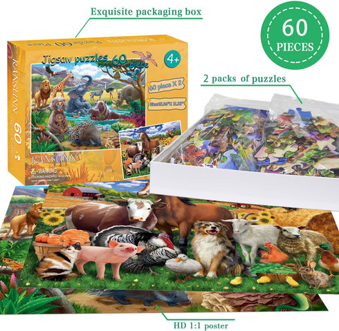 Puzzles for Kids Ages 4-8 - Farm & Wild Animal - 2 Packs 60 Pieces Jigsaw Puzzle for Learning Educational Toys