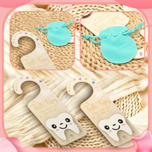 YROJISU Tooth Fairy Tooth Holder, Room Decor Tooth Fairy Door Hanger with Money Slot, Keepsake Bag & Elegant Patterns