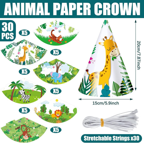 30 Pcs Animal Party Hats for Kids Safari Birthday Cone Hats for Jungle Zoo Birthday Party Supplies
