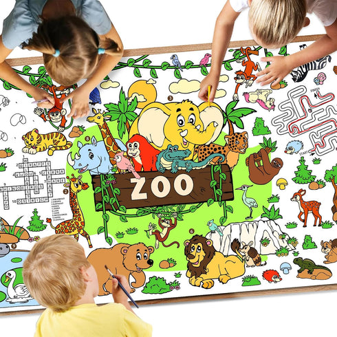 Drunze Giant Coloring Poster,35x72Inch Zoo Animal Activity Drawing Paper Coloring Table Cover,DIY