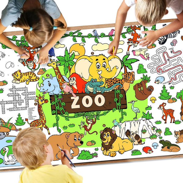 Drunze Giant Coloring Poster,35x72Inch Zoo Animal Activity Drawing Paper Coloring Table Cover,DIY