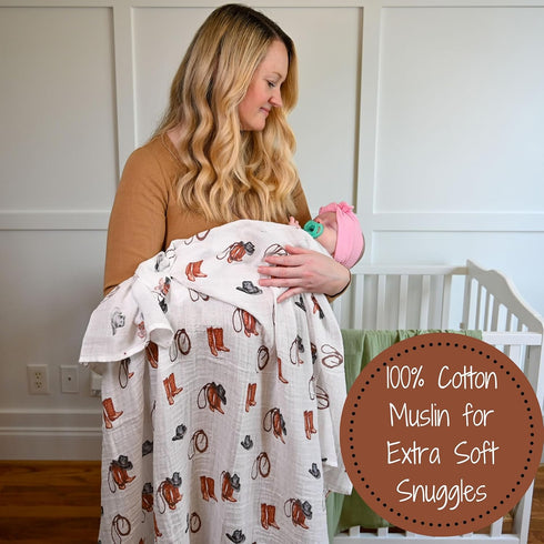 Swaddle Blanket, 100% Muslin Cotton, Gender Neutral Newborn Nursery Essentials, Cowboy Boot Print