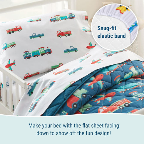Set Wildkin Toddler Sheet Soft Microfiber, Fitted & Top Sheet, Pillowcase - Trains, Planes, and Trucks