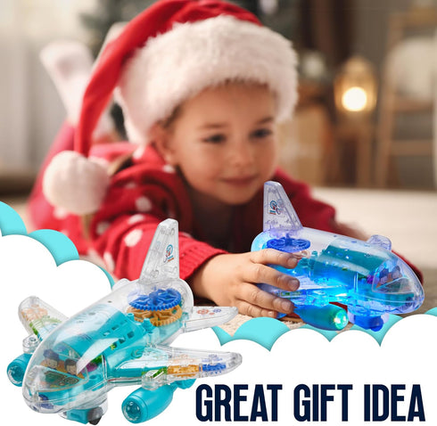 3+ Playbees Light Up Transparent Gear Airplane Kids Bump and Go Autism Toys Colorful Moving Gears with Music and LED
