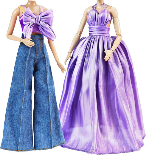 2 Sets Set 11.5 Inch E-TING Doll's Dream Outfits: Shiny Glitzy Gala Purple Dress and Bell-Bottom Jeans for Girl Doll