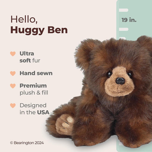 19" Bearington Huggy Ben Teddy Bear Stuffed Animal Plush Toy - Soft Brown Huggable Bear with Bean Bag Weighted Body