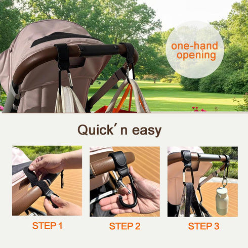 horuce 2 Pack 2 Stroller Hooks with Silicone Bottle Holders - Heavy Duty Aluminum Carabiner Clips & Universal Silicone