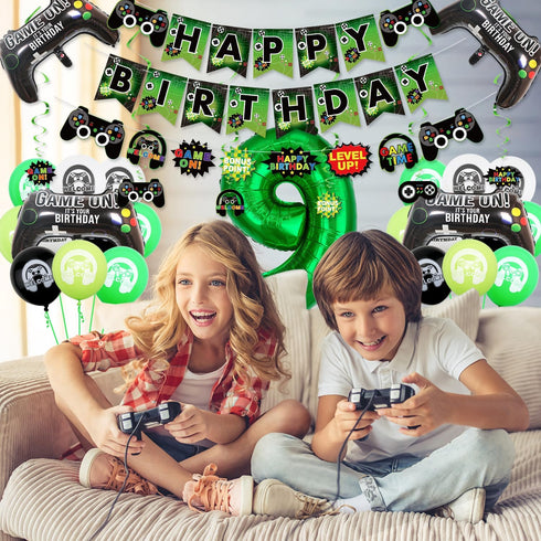 Video Game Birthday Party Decorations - 9th Birthday for Boys, Gaming Pattern Balloons, HAPPY BIRTHDAY Banner,