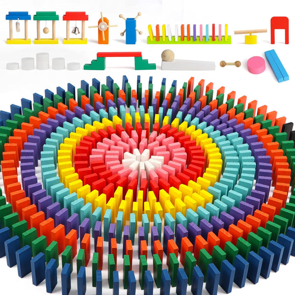 1000 PCS Dominoes Set for Kids with Extra 11 Blocks, Wooden Building