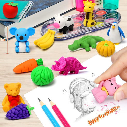Arscniek 40 Pack Pencil Erasers for Kids, Bulk Toys, Puzzle Animal Erasers, 3D Mini Erasers, Party Favors