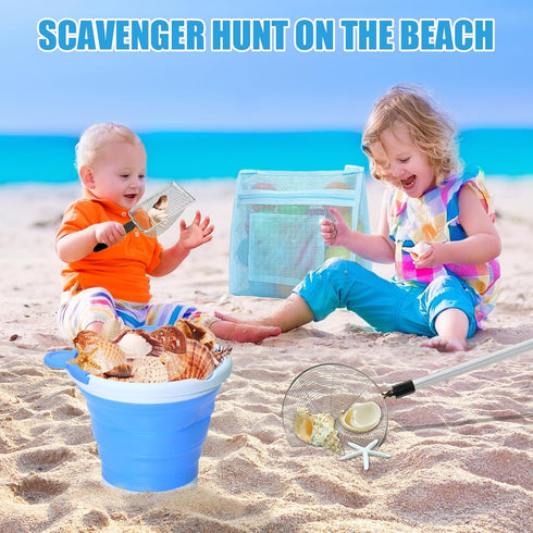 5 2 Summer PCS Shelling Tools for Beach Include PCS Seashell Bag, Mesh Sand Sifter Shovel, Foldable Beach Bucket