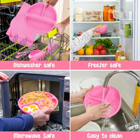 Baby Feeding Utensils Set, 7 Pcs Silicone Toddler Supplies - Adjustable Bibs, Suction Divided Plate, Placemat, Sippy Cup