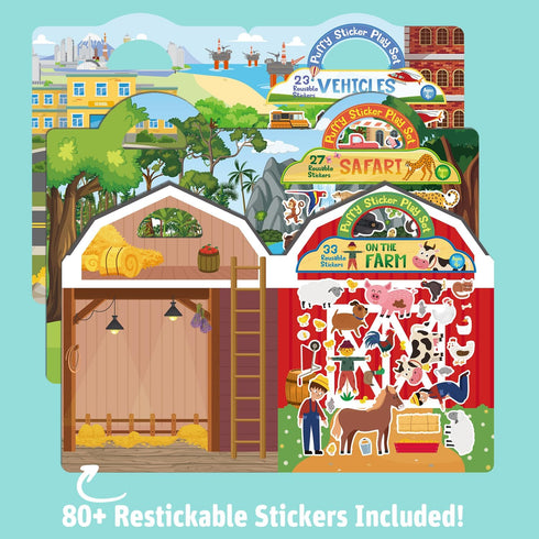 1-3, 2-3, 2-4, 80+ 3-5, Travel Toys for Toddlers Sticker Books for Kids Reusable Puffy Stickers, Farm, Vehicles, Safari