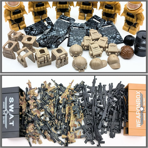 Military Weapon Pack Army Accessories Kits Toys Include Camouflage Guns Shields E.O.D Suits for Army Soldiers Weapons Equipment Gear Set Compatible with Major Minifigure Building Block Toy (200+pcs)
