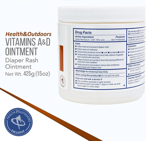 HEALTH & OUTDOORS 15 Oz Vitamin A & D Ointment Jar, Skin Protectant for Diaper Rash, Cuts, Burns, Abrasions, Wounds