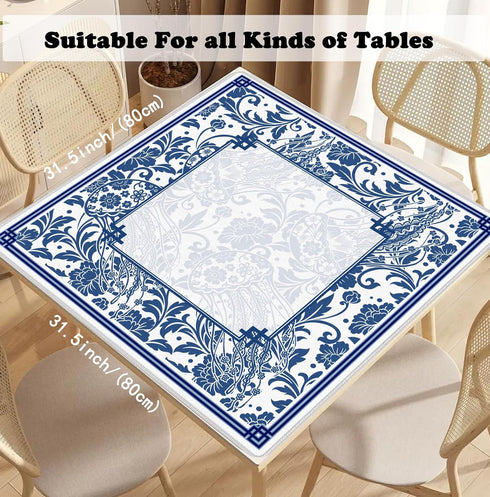 31.5" 31.5", Blue Chinoiserie Mahjong Mat x Vintage Blue Floral Non-Slip Noise Reduction Mahjong Table Cover