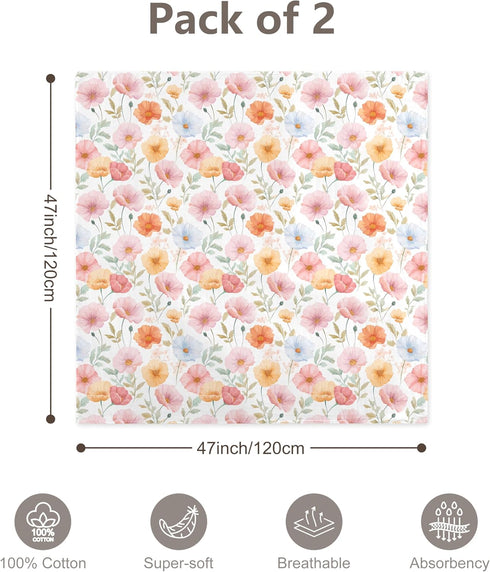2-Pack 100% 47 47 Inches Cotton Muslin Swaddle Blankets, Large x Breathable Soft Receiving Blankets for Newborns