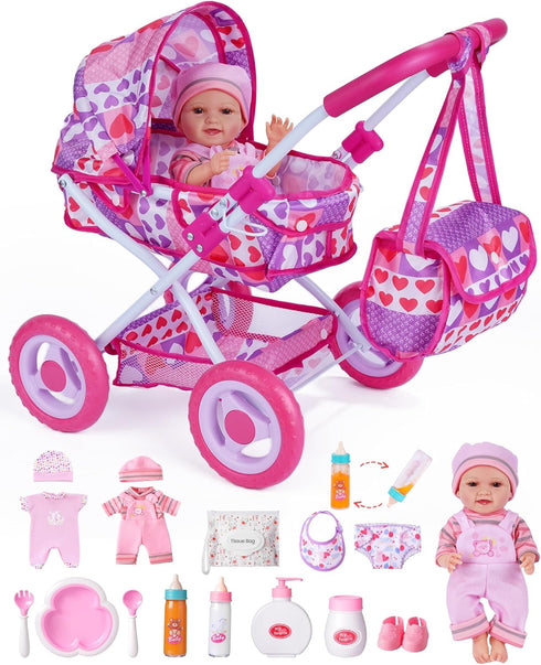 BABESIDE Baby Doll Stroller Set with 12 Inch Baby Doll, 14 Pcs