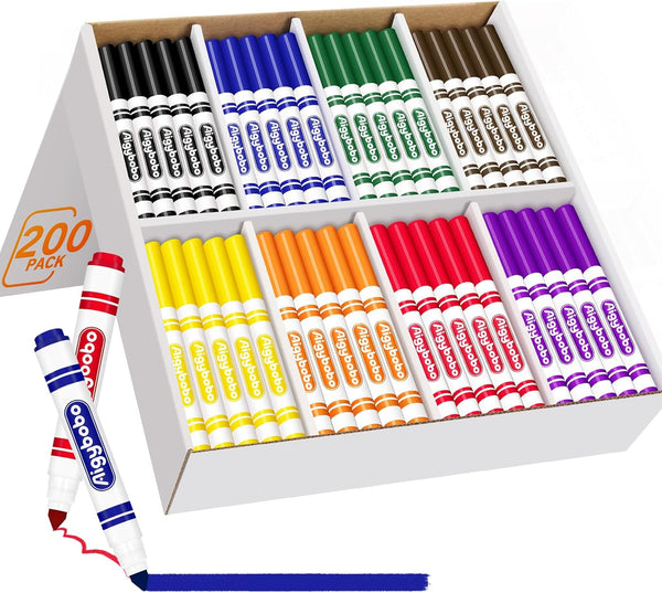 Aigybobo 200 Count Washable Markers Bulk, 8 Assorted Colors, Broad Line Conical