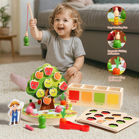 3-5 INIFEIDALA Montessori Wooden Preschool Educational Toy Ages - Apple Picking Magnetic Fruit Tree, Shape Color