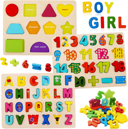 Kesletney Wooden Puzzles for Toddlers, Alphabet Number Shape Learning Toys for Kids, 3 in 1 Montessori