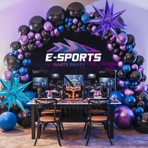 Black Purple Blue Balloon Arch Kit with 2Pcs Star Balloons, Metallic Purple Blue Garland for Kids Video Game Party