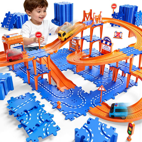 NIPLOOOW Puzzle Race Car Track Set for Kids 3-5, Floor Puzzle Track Car