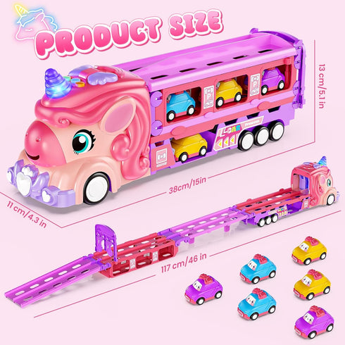Set 6 2-Player 3, 4, 5, 6, 7 Hot Bee Girls Toy Car with Unicorn Toys Truck - Princess Cars & Fold Out Track with Light