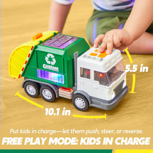 Set Vroomix LED Garbage Truck Toy Includes Dumpster, Toy Truck with Mode Switch & Volume Control, Trash Vehicle