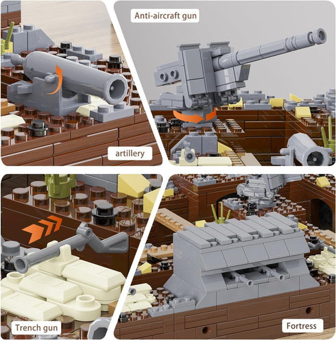 WW2 Military Base Bunker Trench Building Blocks (1350 Pcs), Including Fortresses and Anti-Aircraft Guns for Kids