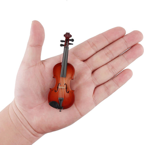 Dselvgvu Wooden Miniature Violin with Stand, Bow, and Case, Mini Musical Instrument Dollhouse Model Ornament Home