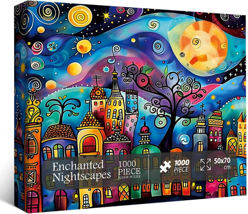 PPuzzling 1000 Colorful Houses Puzzles for Adults Pieces, Village Night Landscape Jigsaw Puzzles, Fantasy Abstract