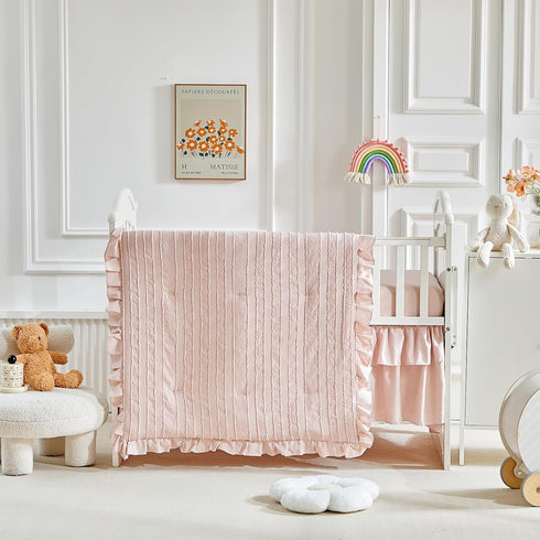 3 Set Pieces Tufted Stripes Crib Bedding with Ruffle Fringe, Pink Ruffled Comforter with Fitted Sheet and Bed Skirt