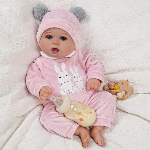 BABESIDE 2 Pcs Reborn Baby Doll Clothes with Doll Hat for 17-22 Inch BabyDolls, Cute Bunny Pattern Baby Doll Outfits Accessories fit Newborn Baby Doll Girls, Pink