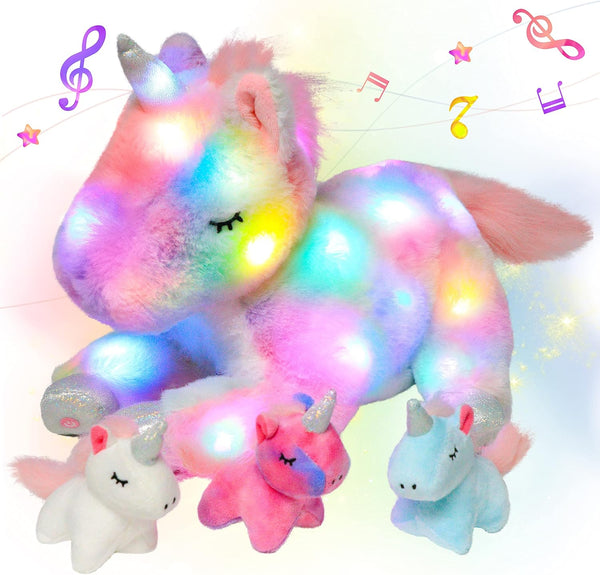 Hopearl LED Musical Stuffed Unicorn Playset, Singing Plush Toy with 3 Baby Unicorns, 19'' for Toddlers.