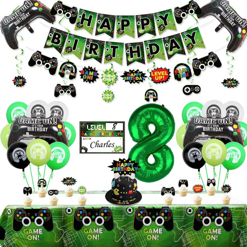 Video Game Party Decorations - 8th Birthday Supplies with HAPPY BIRTHDAY Banner, Tablecloth, Balloons