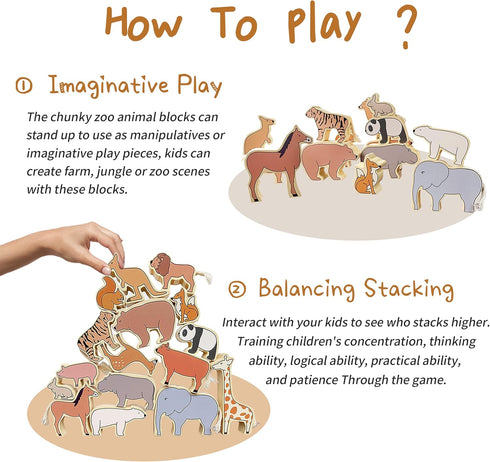 Xylolin Wooden Zoo Animal Blocks Stacking and Balancing Toy, Toddler Wood Animal Figures Blocks Imaginative Play