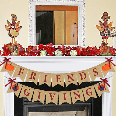 Friendsgiving Banner Burlap, Thanksgiving Decorations, Rustic Turkey Pumpkin Bunting for Party Supplies and Decor